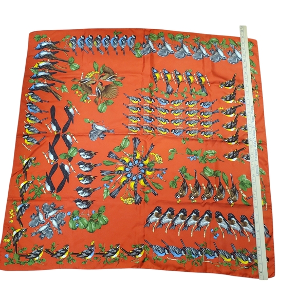100% Silk Bird Print Scarf. 34" x 34". Orangish Red w/ Multicolor Birds - Picture 13 of 13